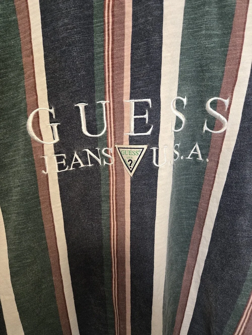 GUESS Vertical Striped Logo Tee in Navy, Green & Pink - Picture 2 of 3